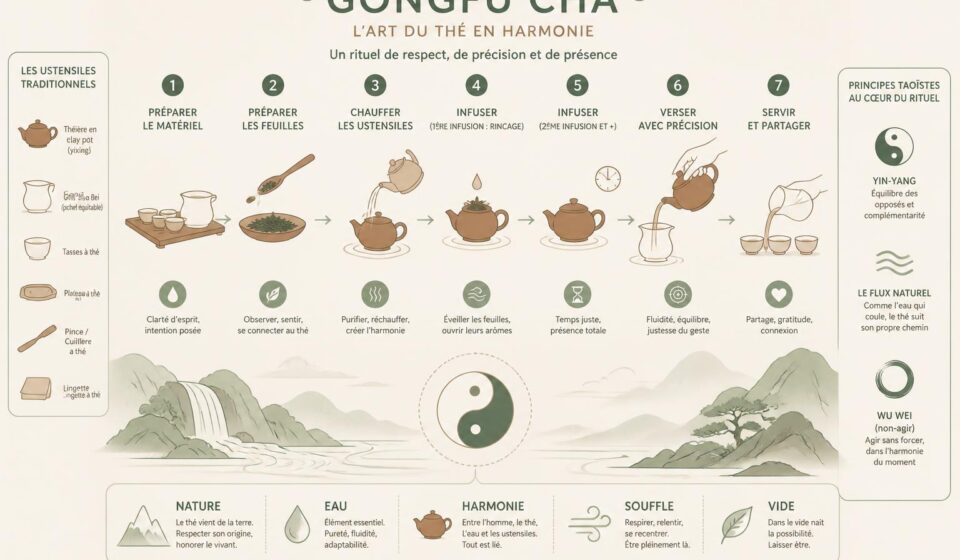 découvrez la cérémonie du thé gongfu cha, ses gestes précis et son rituel, ainsi que ce qu'ils révèlent sur la philosophie taoïste et son art de vivre en harmonie.