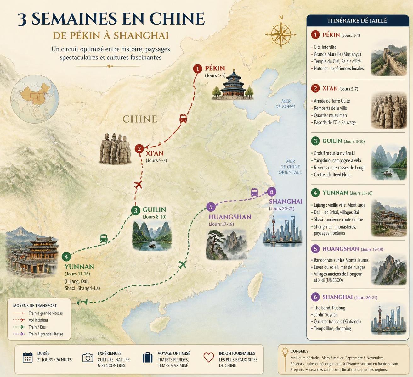découvrez notre itinéraire de 3 semaines en chine, conçu pour explorer les sites incontournables sans perdre de temps. partez à l'aventure et vivez une expérience enrichissante et bien organisée.