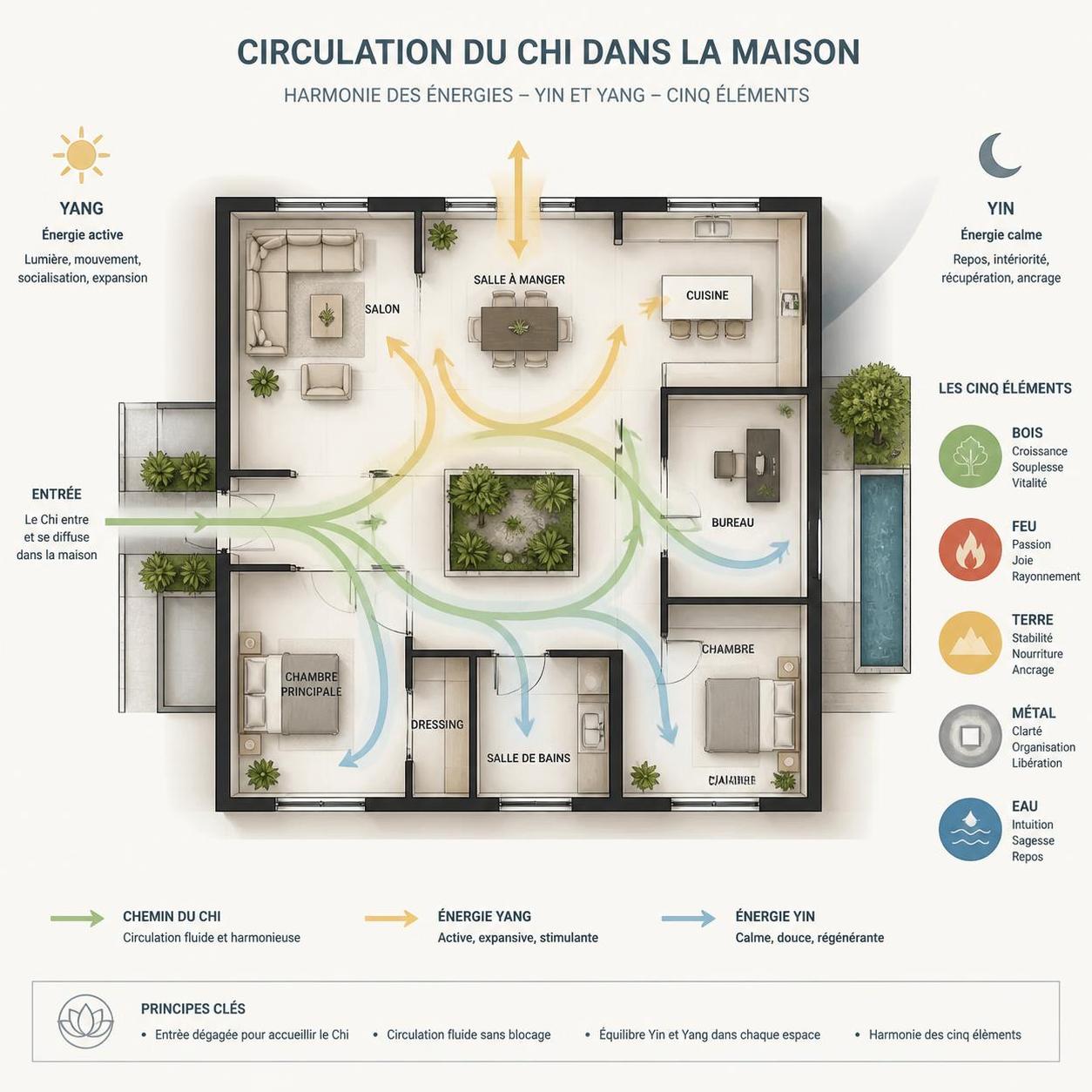 découvrez les 5 principes fondamentaux du feng shui et apprenez à les appliquer facilement chez vous sans avoir à tout redécorer.