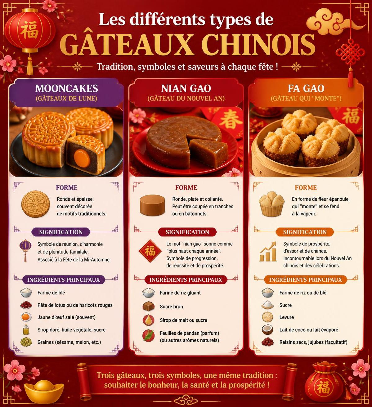 découvrez les gâteaux chinois traditionnels comme les mooncakes, nian gao et fa gao, des pâtisseries emblématiques qui accompagnent les fêtes et célébrations de l'empire chinois.