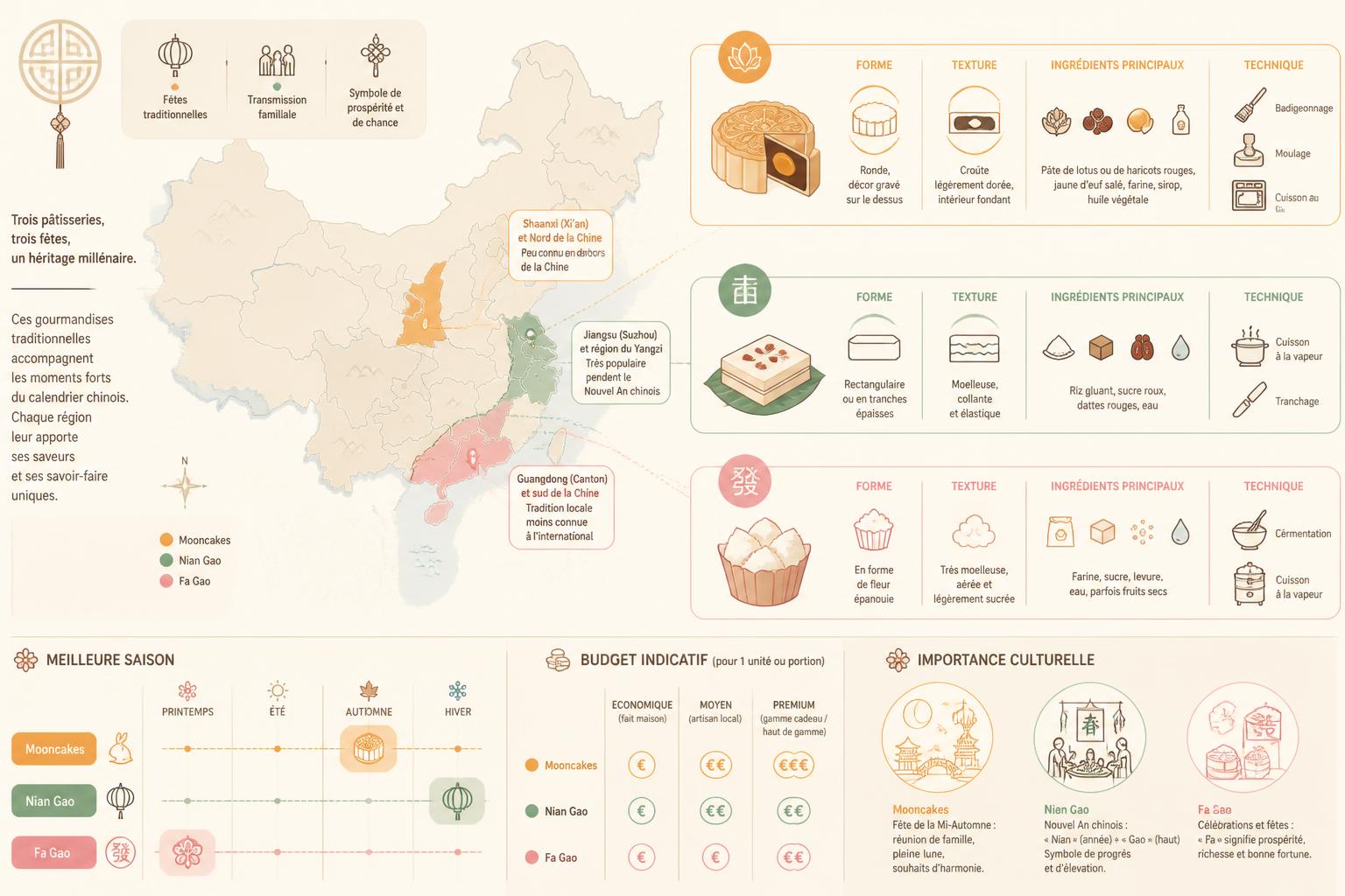 découvrez les gâteaux chinois traditionnels comme les mooncakes, nian gao et fa gao, des pâtisseries emblématiques qui accompagnent et célèbrent les fêtes de l'empire avec saveur et histoire.