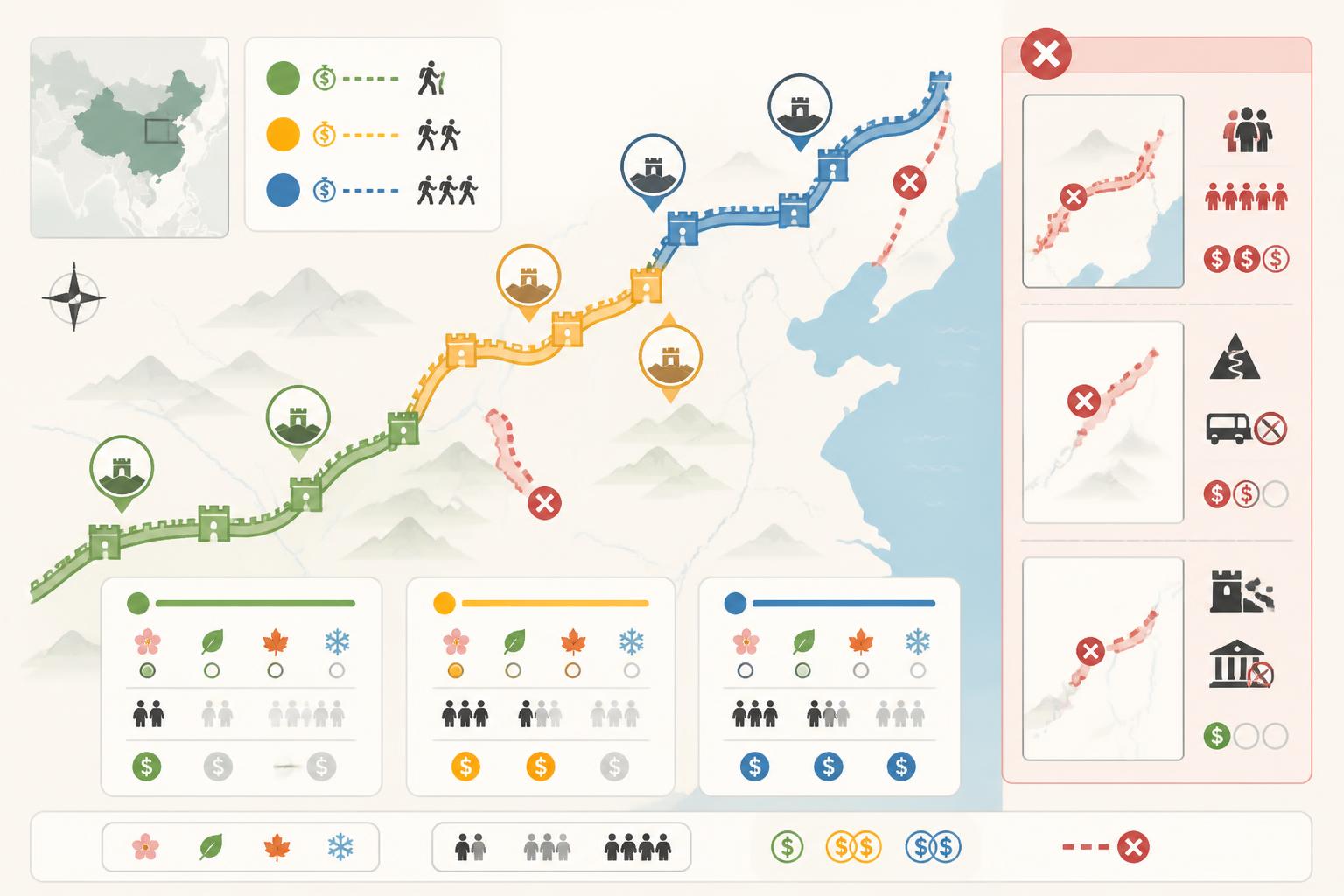 découvrez quelles sections de la grande muraille de chine visiter selon votre temps disponible et apprenez quelles parties éviter pour profiter pleinement de votre excursion.