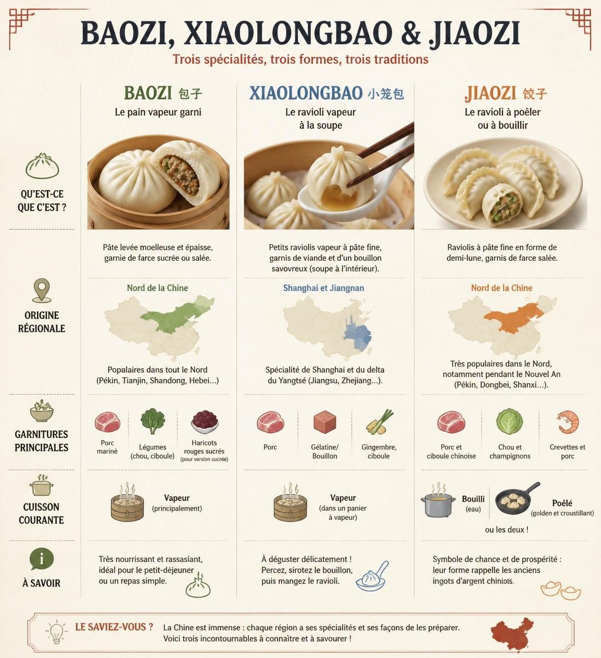 découvrez les différences entre baozi, xiaolongbao et jiaozi, trois spécialités chinoises de raviolis et brioches vapeur, accompagnées de recettes de base faciles à réaliser.