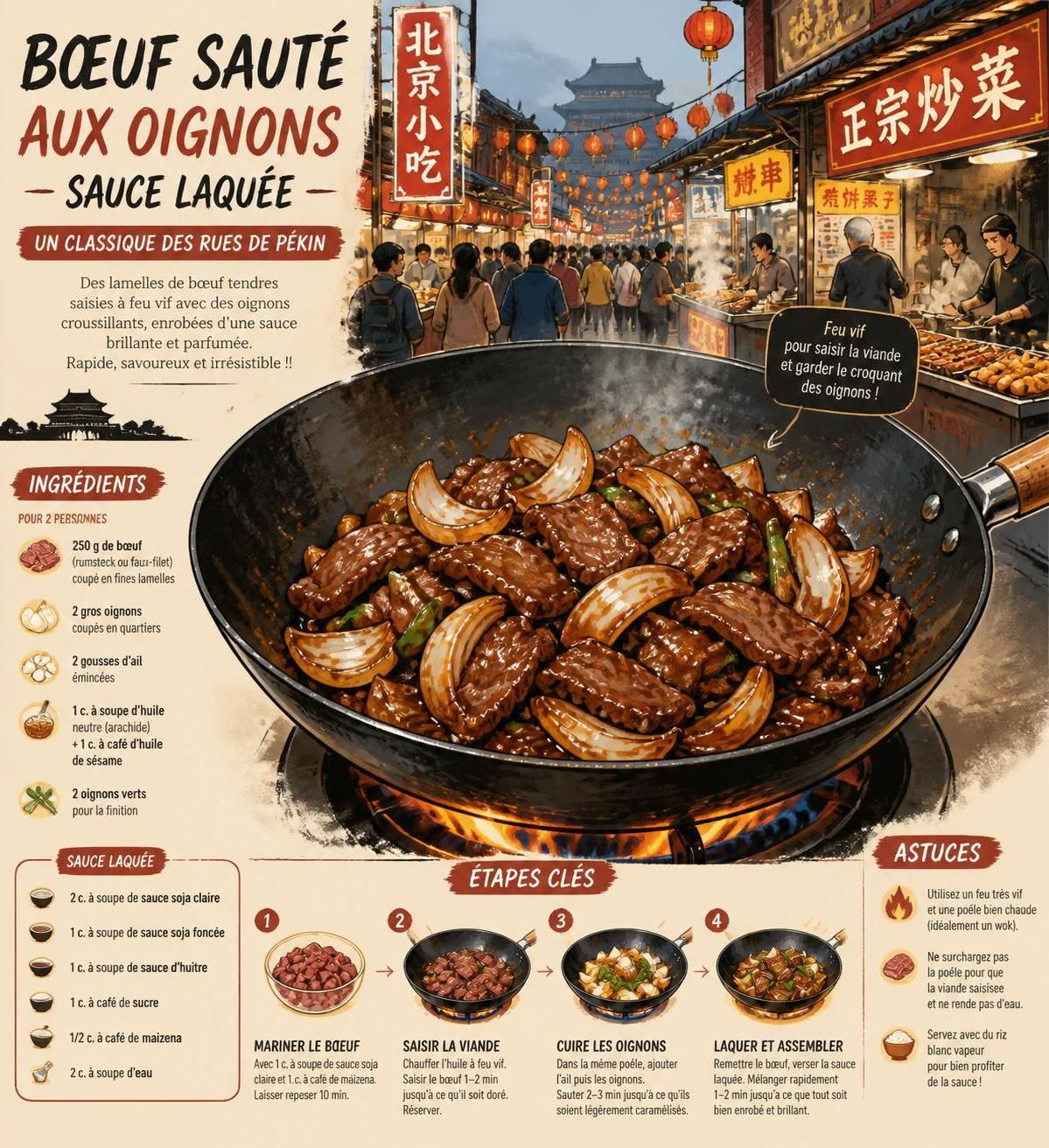 découvrez notre recette rapide et savoureuse de bœuf aux oignons à la chinoise, un classique de la street food pékinoise prêt en seulement 15 minutes.