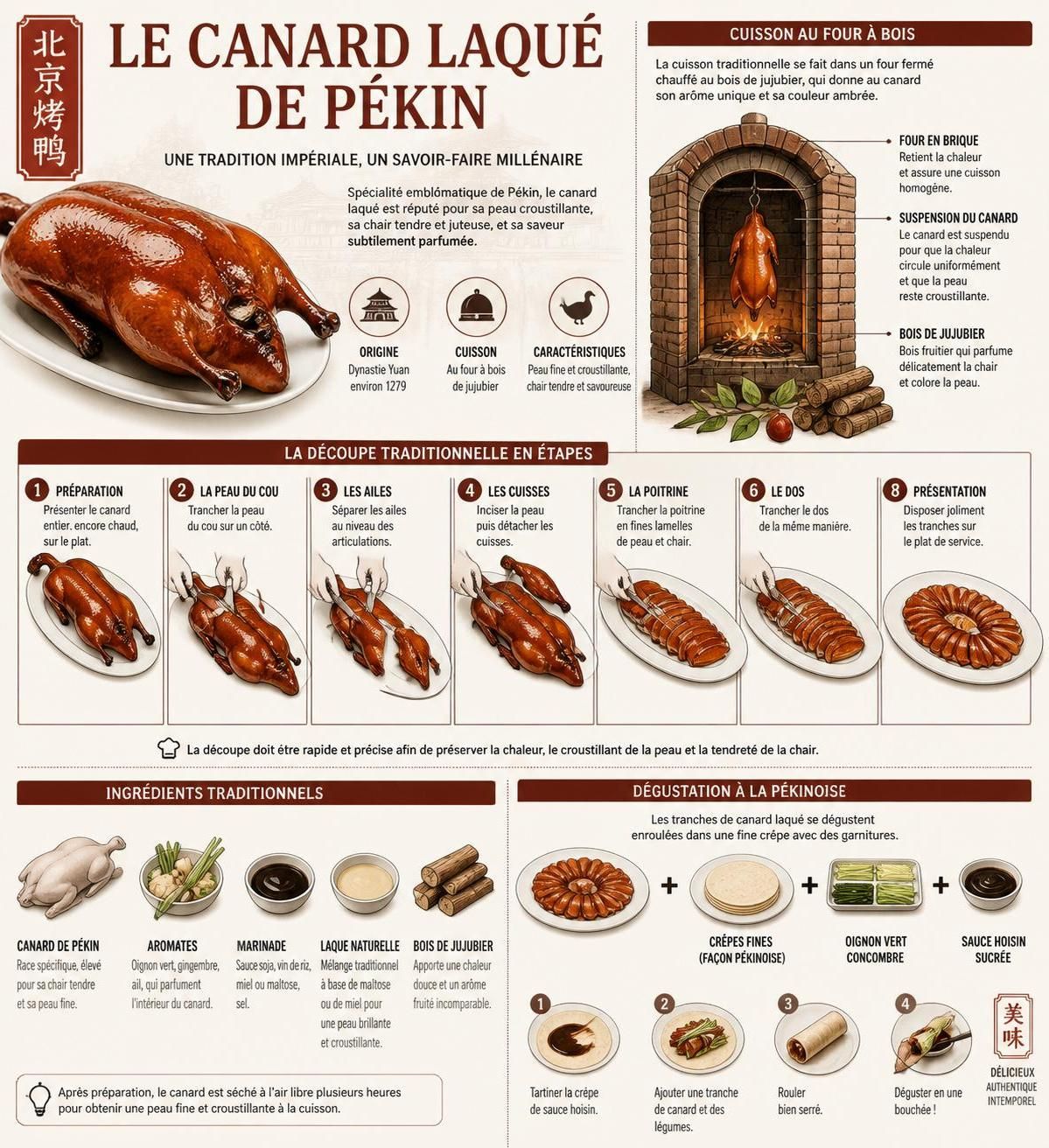 découvrez l'histoire authentique du canard laqué de pékin, les techniques traditionnelles de rôtisserie et les meilleurs endroits pour déguster la véritable recette, loin des imitations.