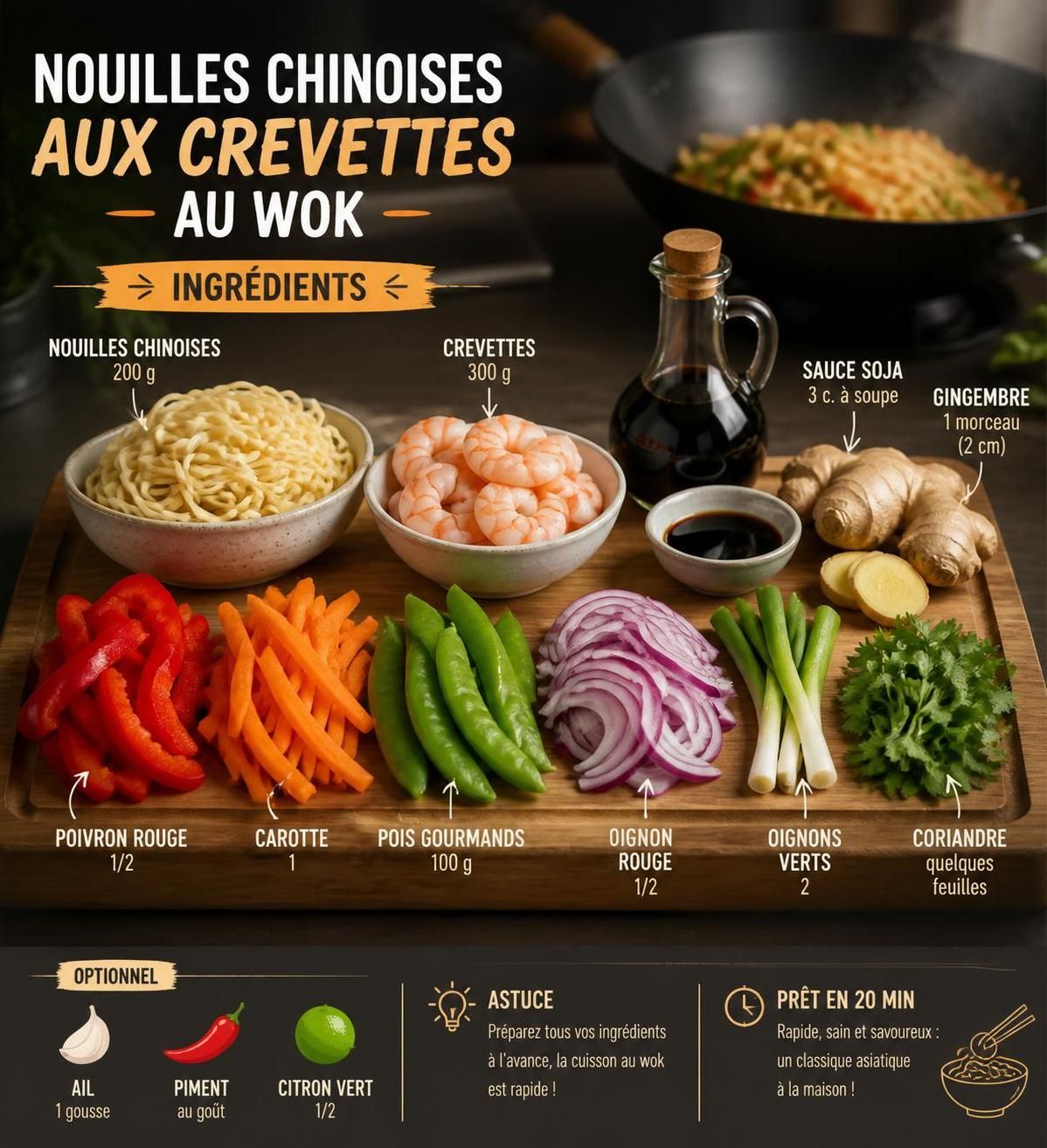 découvrez la recette rapide et savoureuse de crevettes sautées au wok avec des nouilles chinoises, inspirée de la cuisine traditionnelle de canton. prêtes en seulement 20 minutes pour un repas gourmand et facile.
