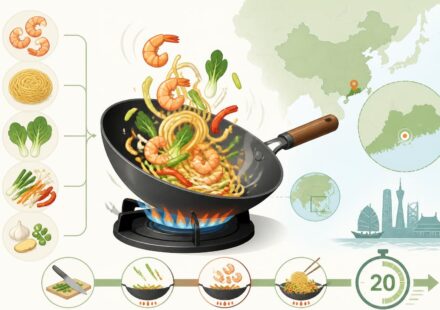 Crevettes aux nouilles chinoises : sautées au wok, prêtes en 20 minutes façon cuisine de Canton découvrez notre recette rapide de crevettes aux nouilles chinoises sautées au wok, prête en 20 minutes, pour savourer les saveurs authentiques de la cuisine de canton chez vous.