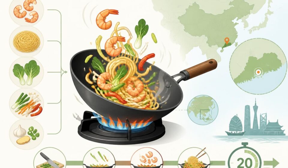 découvrez notre recette rapide de crevettes aux nouilles chinoises sautées au wok, prête en 20 minutes, pour savourer les saveurs authentiques de la cuisine de canton chez vous.