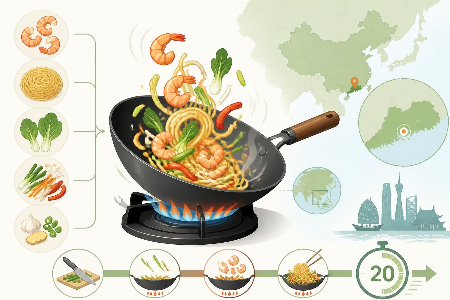 découvrez notre recette rapide de crevettes aux nouilles chinoises sautées au wok, prête en 20 minutes, pour savourer les saveurs authentiques de la cuisine de canton chez vous.