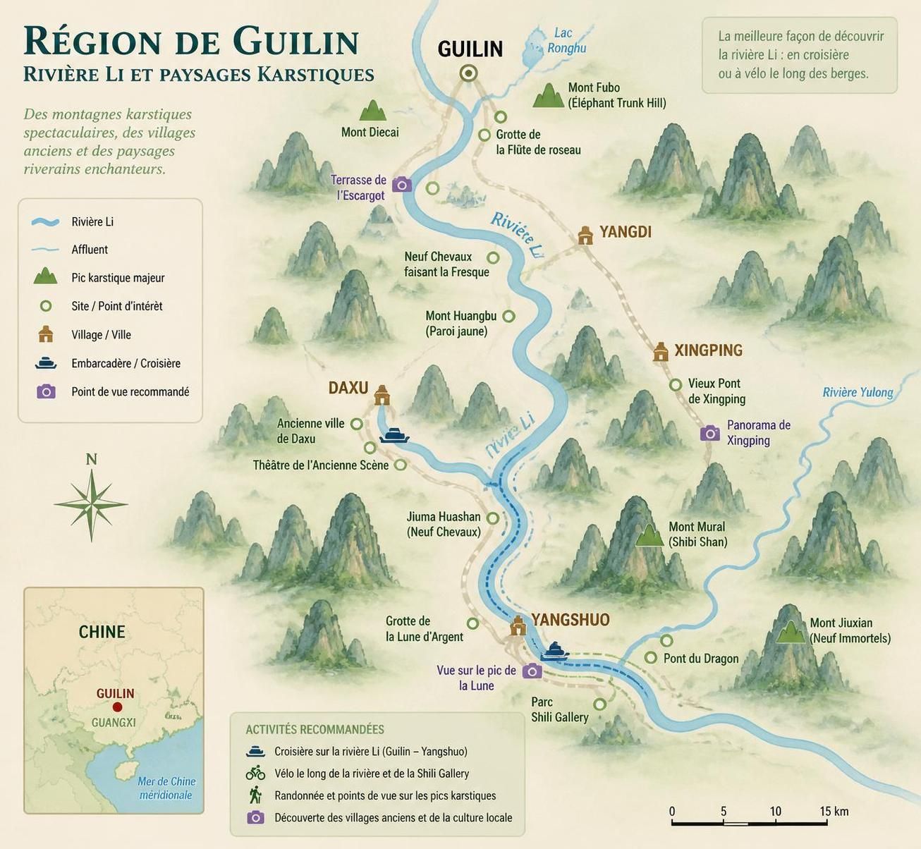 découvrez guilin et la rivière li, leurs paysages karstiques emblématiques et les villages authentiques rarement visités par les circuits touristiques classiques.