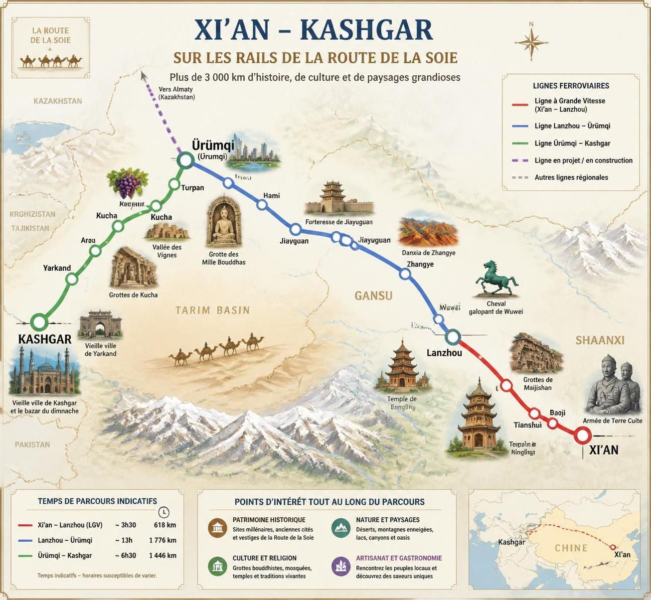 découvrez la route de la soie aujourd'hui à travers un voyage moderne en train de xi'an à kashgar, explorant les étapes emblématiques et les paysages fascinants de cette ancienne voie commerciale.
