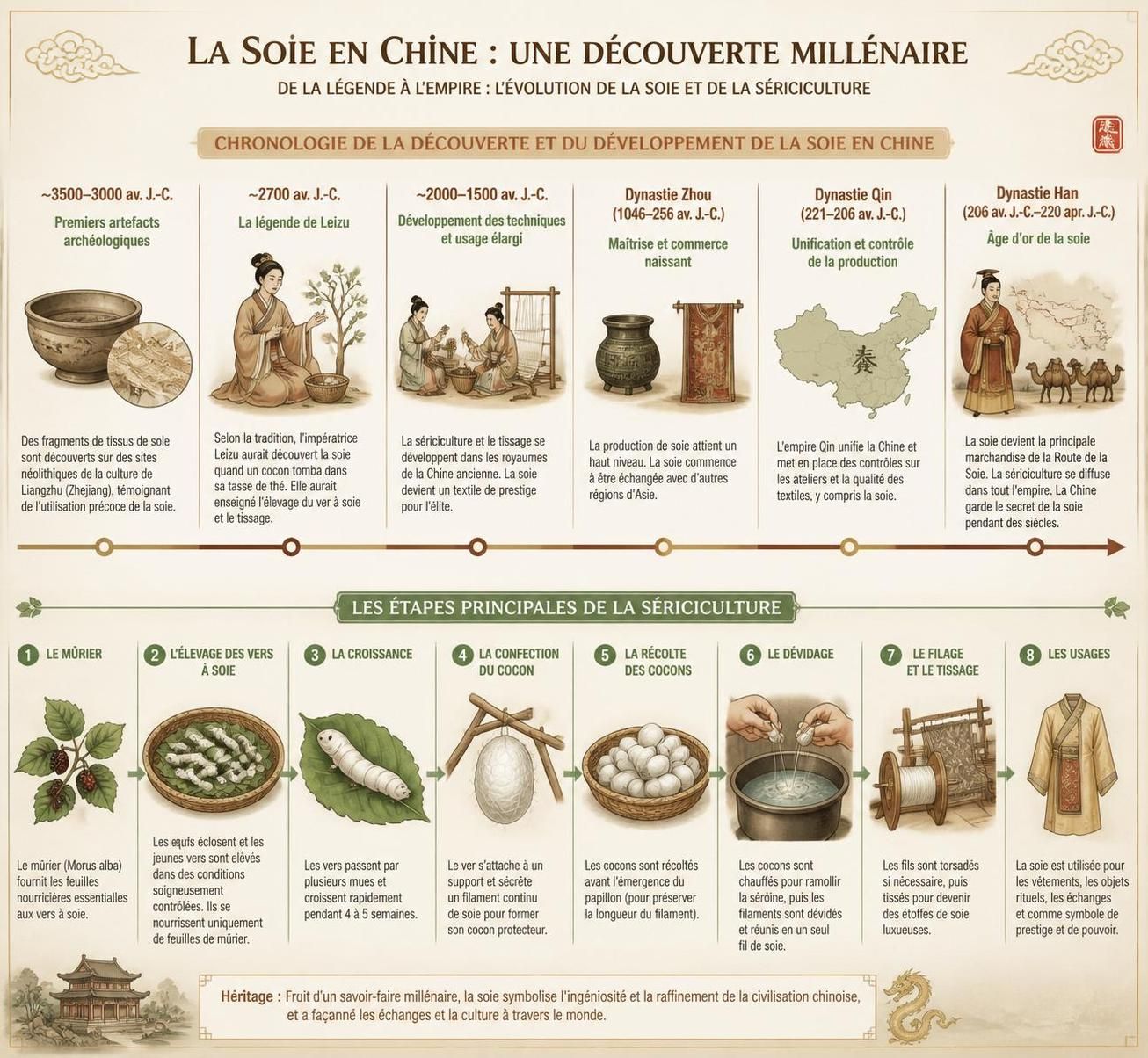 découvrez l'histoire fascinante de la soie chinoise, de l'élevage du ver à soie à la création des tissus précieux utilisés par les empereurs, un secret transmis depuis plus de 5 000 ans.