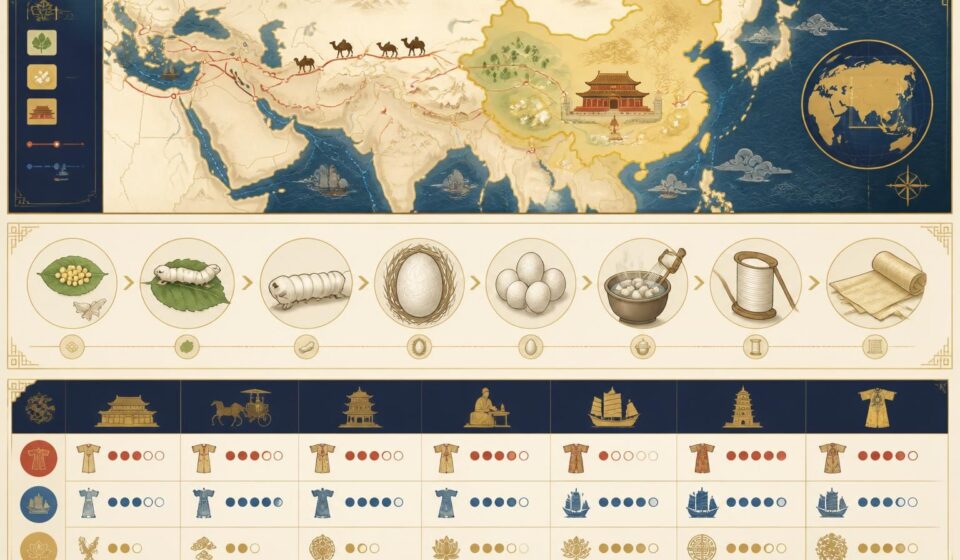 découvrez l'histoire fascinante de la soie chinoise, de l'élevage du ver à soie à la création des somptueux tissus impériaux, un savoir-faire précieux transmis depuis plus de 5 000 ans.