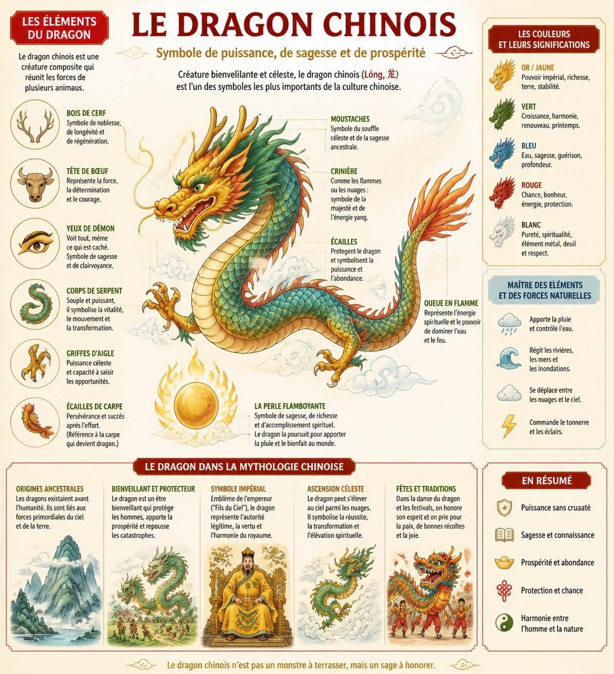 découvrez le dragon chinois, symbole millénaire de chance et de sagesse, et comprenez en quoi il diffère profondément du dragon occidental.