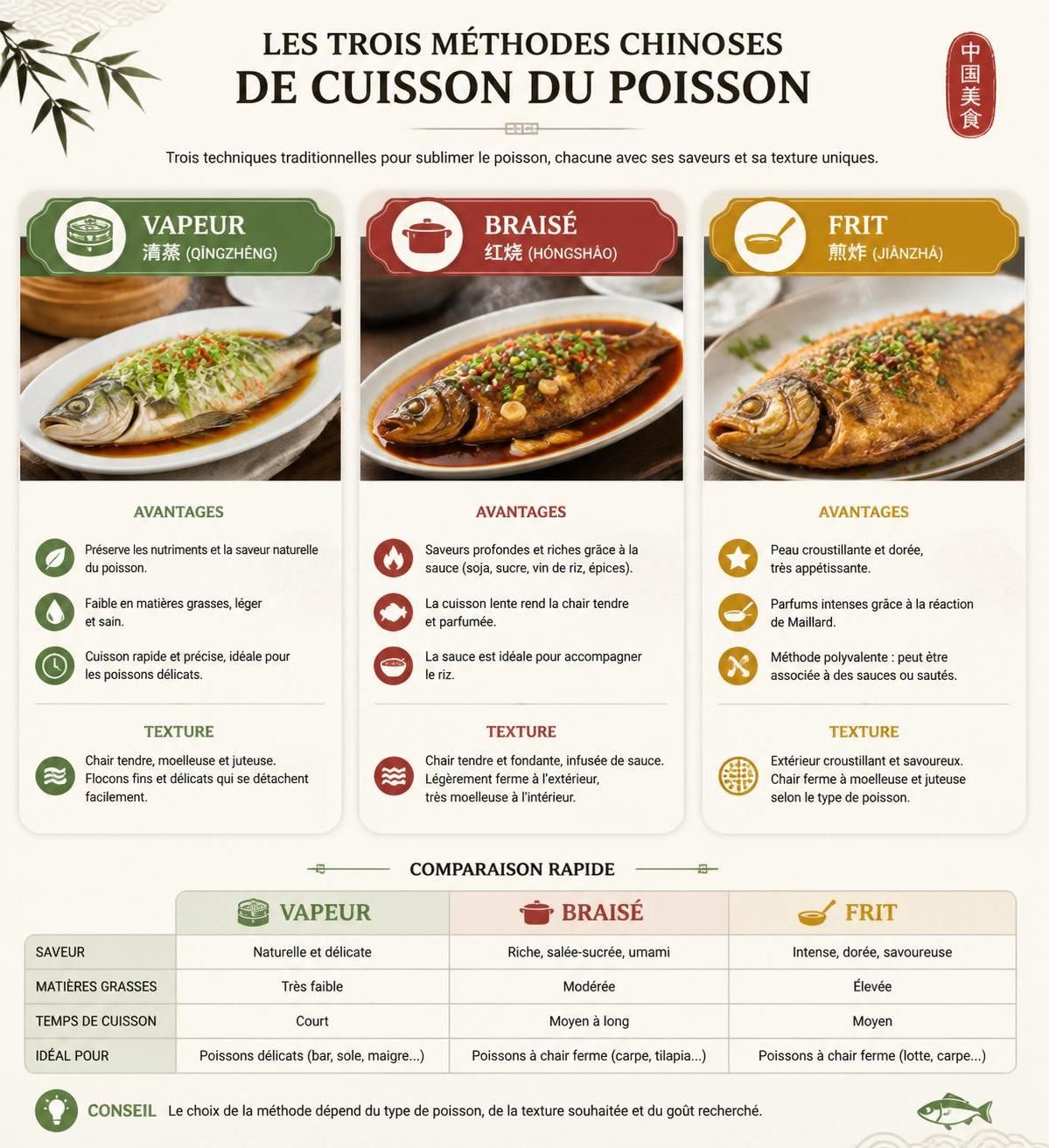 découvrez les trois grands classiques de la cuisine chinoise : le poisson à la vapeur, braisé et frit, des recettes savoureuses et authentiques pour ravir vos papilles.