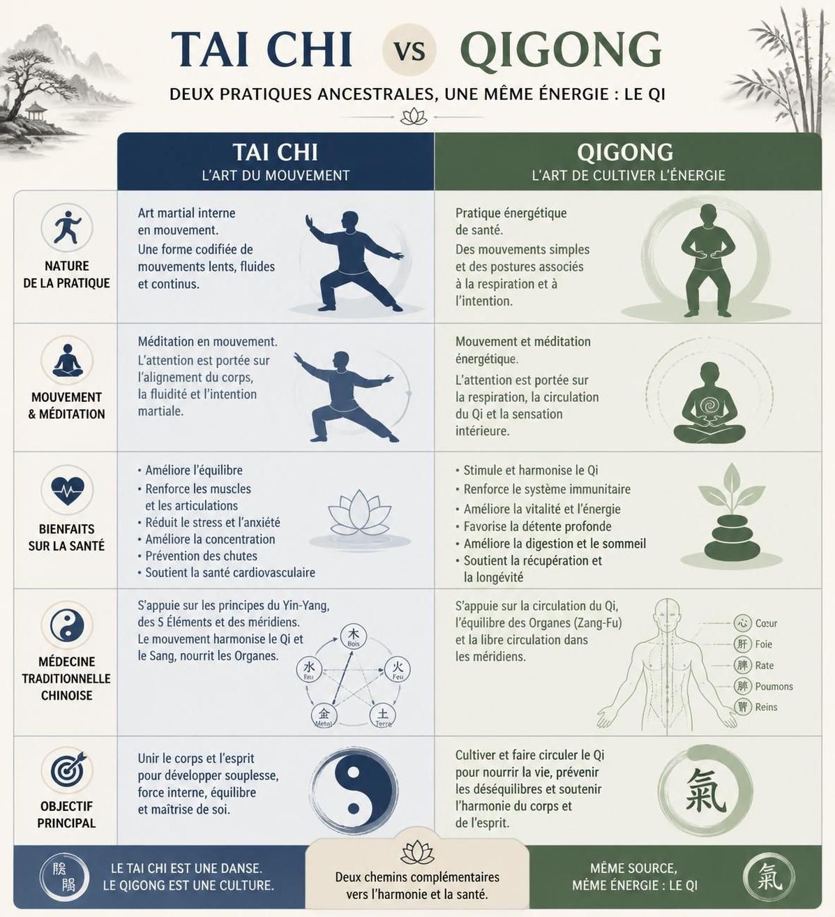 découvrez les différences entre le tai chi et le qigong, leurs bienfaits prouvés pour la santé, et comment débuter facilement sans équipement ni professeur.