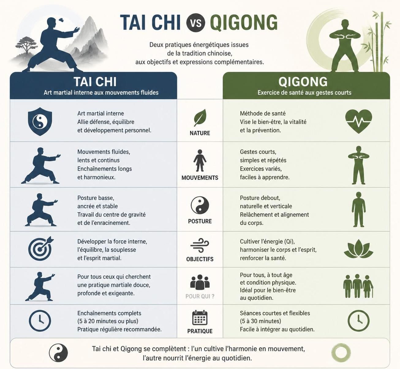 découvrez les différences entre le tai chi et le qigong, leurs bienfaits scientifiquement prouvés, et apprenez à débuter facilement sans équipement ni professeur.
