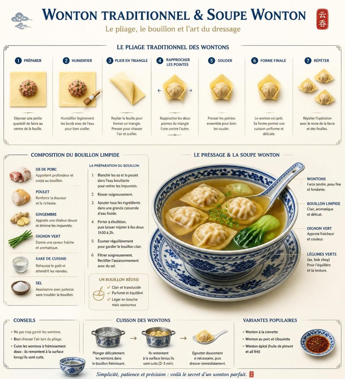 découvrez notre recette classique de soupe wonton avec un bouillon limpide et une farce généreuse, accompagnée de variations régionales savoureuses pour régaler vos papilles.