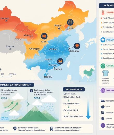 Chine en juillet-août : chaleur, pluies de mousson et festivals — comment préparer son voyage cet été préparez votre voyage en chine cet été avec notre guide sur la chaleur, les pluies de mousson et les festivals de juillet-août. conseils pratiques pour profiter pleinement de votre séjour.