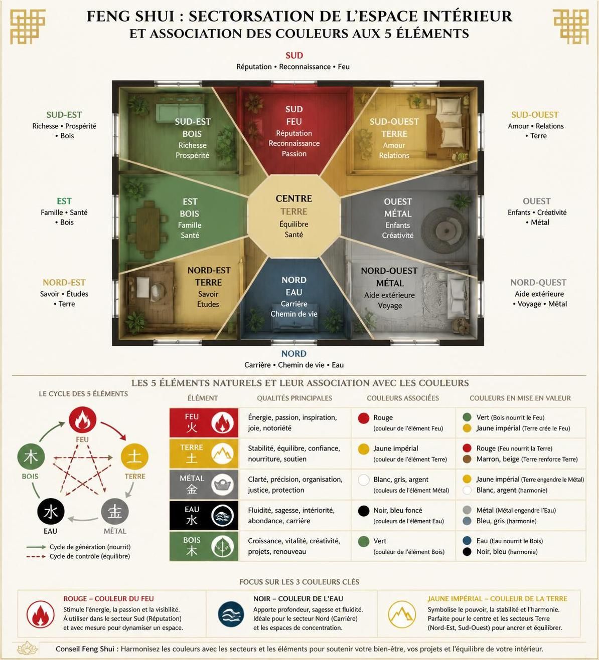 découvrez comment le feng shui utilise les couleurs rouge, noir et jaune impérial pour harmoniser votre espace intérieur et favoriser l'énergie positive.