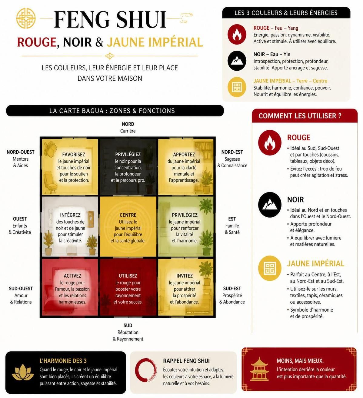 découvrez comment le feng shui utilise le symbolisme des couleurs rouge, noir et jaune impérial pour harmoniser et dynamiser votre espace intérieur.