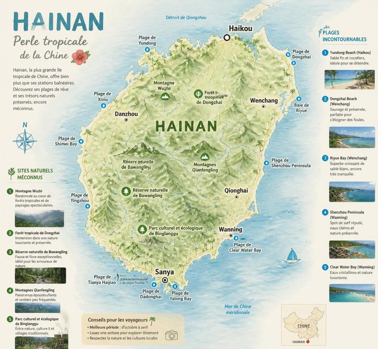 découvrez hainan, l'île tropicale chinoise aux plages paradisiaques, à la cuisine de mer savoureuse et au tourisme local authentique, encore peu connu des occidentaux.