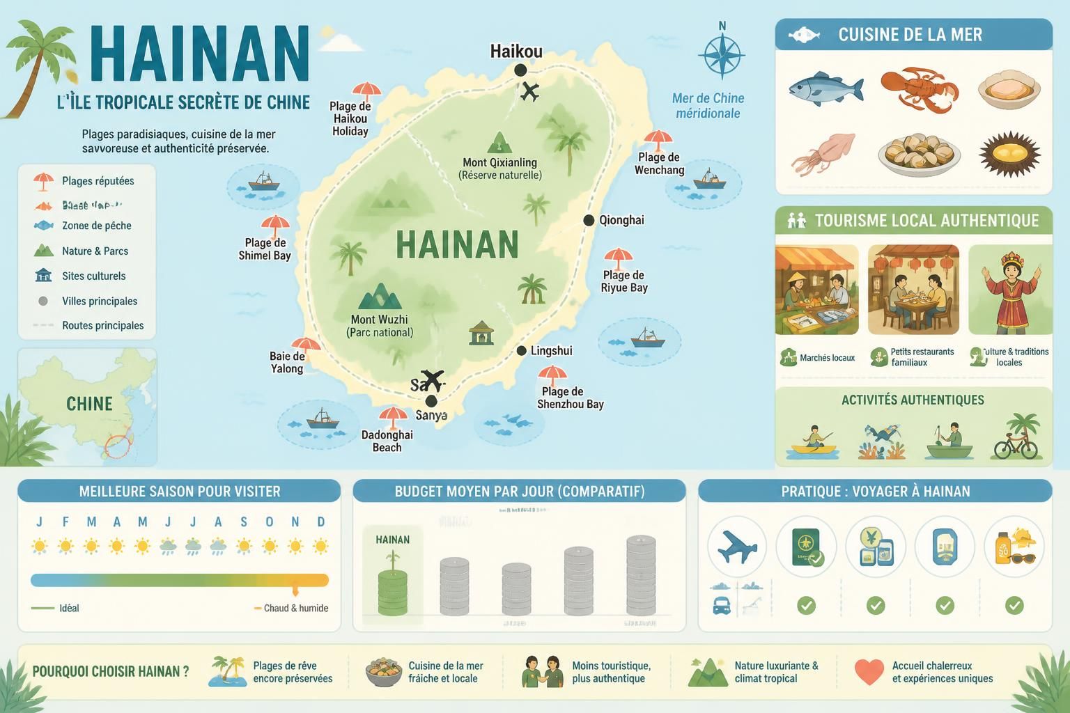 découvrez hainan, l'île tropicale méconnue de chine, célèbre pour ses plages paradisiaques, sa cuisine de mer savoureuse et son tourisme local authentique à l'écart des foules occidentales.