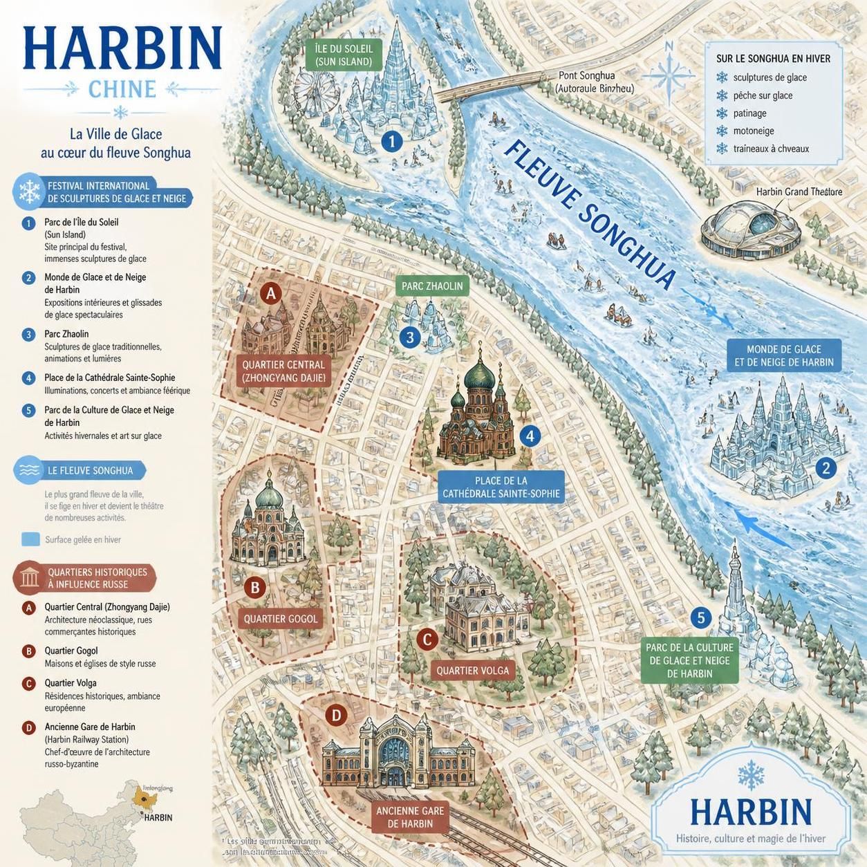 découvrez le festival de glace de harbin, un événement hivernal spectaculaire en chine avec des sculptures de glace éblouissantes et une ambiance féerique unique.