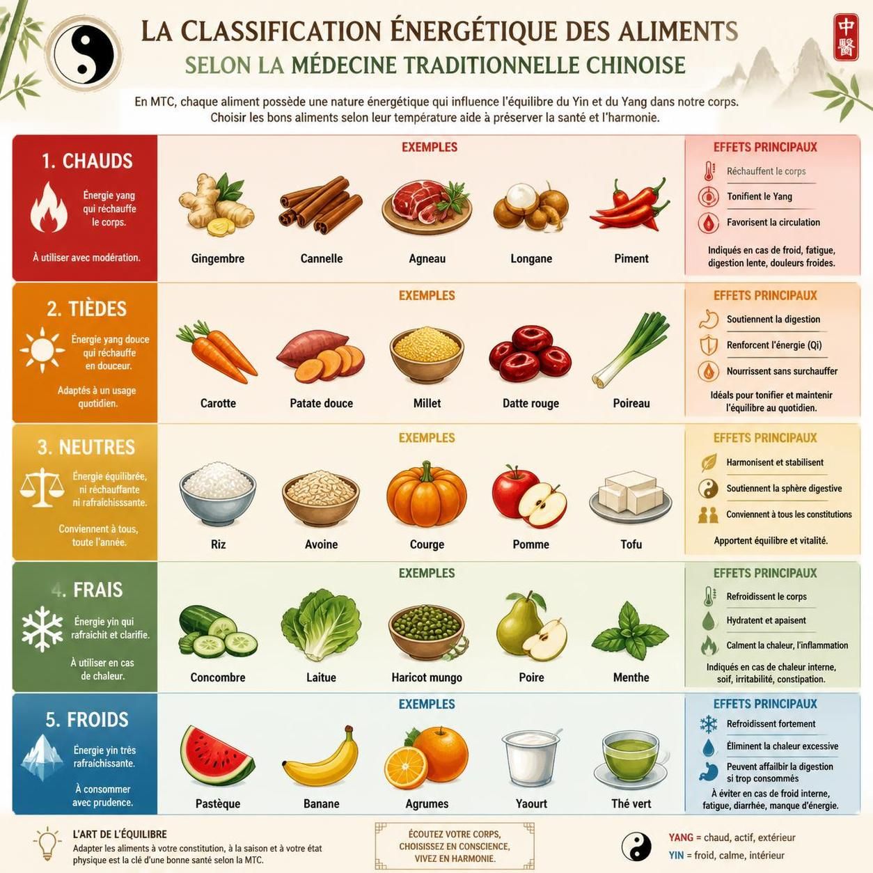 découvrez comment la médecine traditionnelle chinoise utilise les aliments chauds, froids et neutres pour équilibrer votre santé. adaptez votre assiette à chaque saison pour un bien-être optimal.