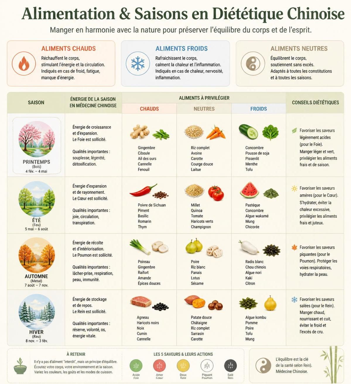découvrez comment la médecine traditionnelle chinoise utilise les aliments chauds, froids et neutres pour équilibrer votre santé, en adaptant votre assiette selon les saisons.