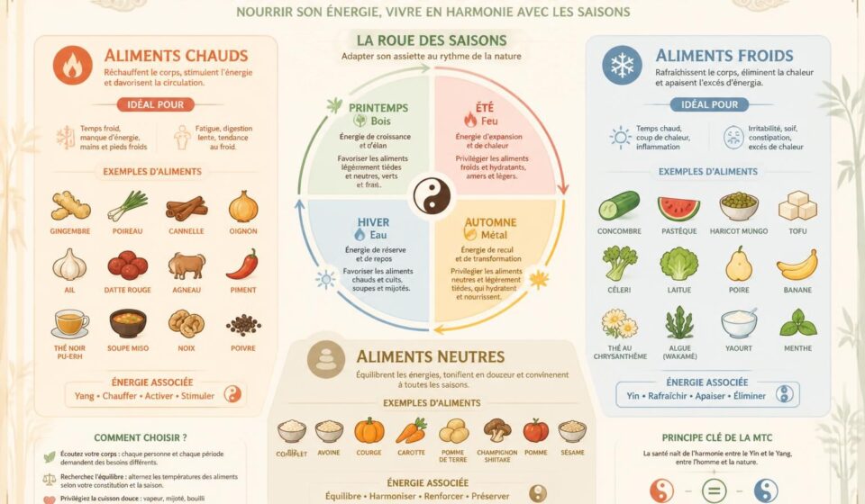 découvrez comment la médecine traditionnelle chinoise (mtc) utilise les aliments chauds, froids et neutres pour équilibrer votre santé. apprenez à adapter votre assiette selon les saisons pour un bien-être optimal.