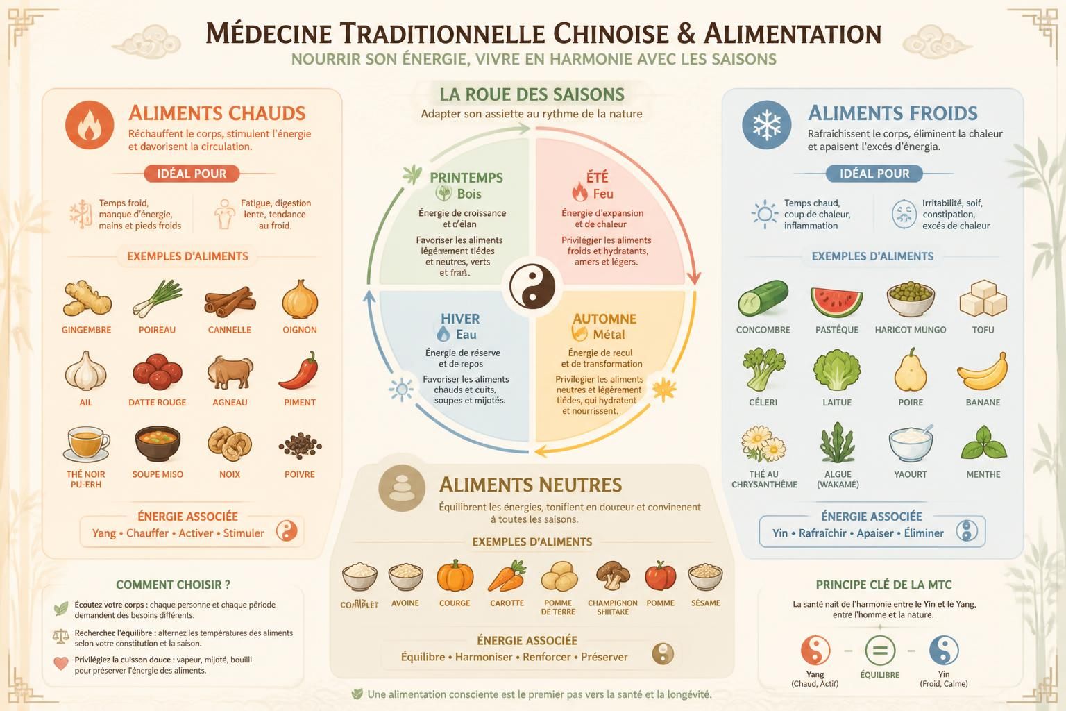 découvrez comment la médecine traditionnelle chinoise (mtc) utilise les aliments chauds, froids et neutres pour équilibrer votre santé. apprenez à adapter votre assiette selon les saisons pour un bien-être optimal.