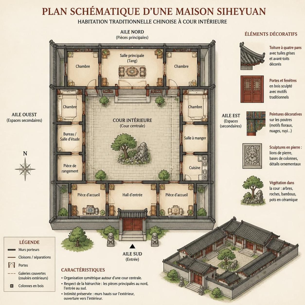 découvrez l'architecture traditionnelle chinoise avec ses toits retroussés, ses cours intérieures typiques et la symbolique des couleurs qui accompagnent chaque détail, reflet d'une riche culture millénaire.