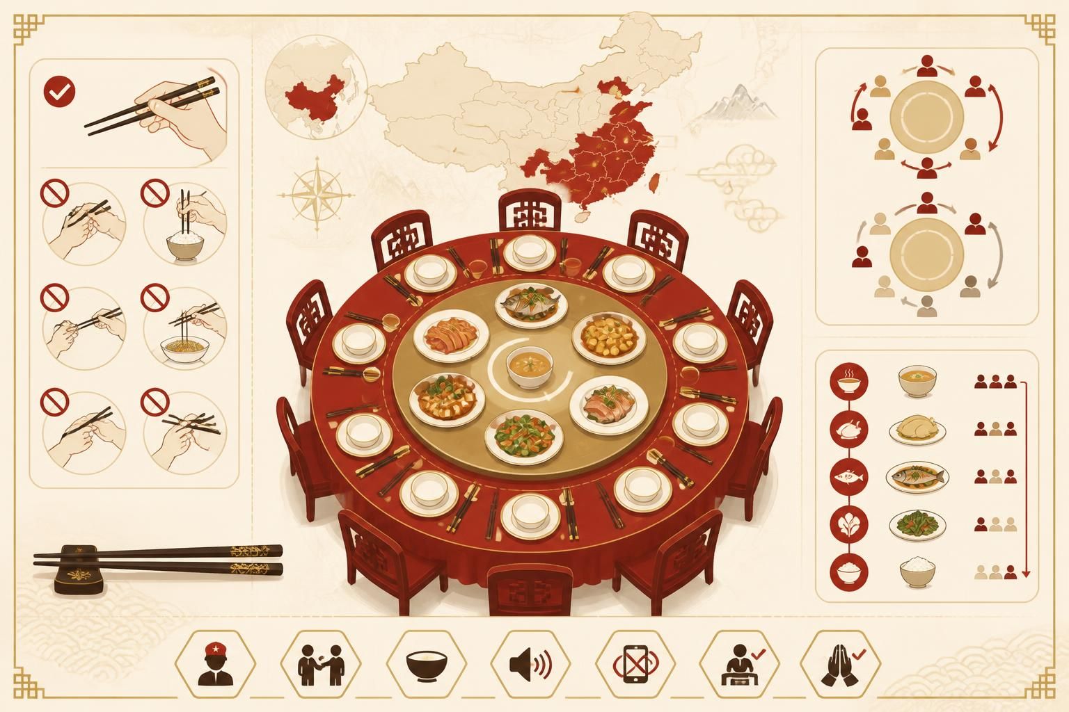 découvrez les règles méconnues de l'art de la table en chine : l'utilisation des baguettes, le tourniquet et l'ordre de service expliqués en détail pour mieux comprendre cette tradition unique.