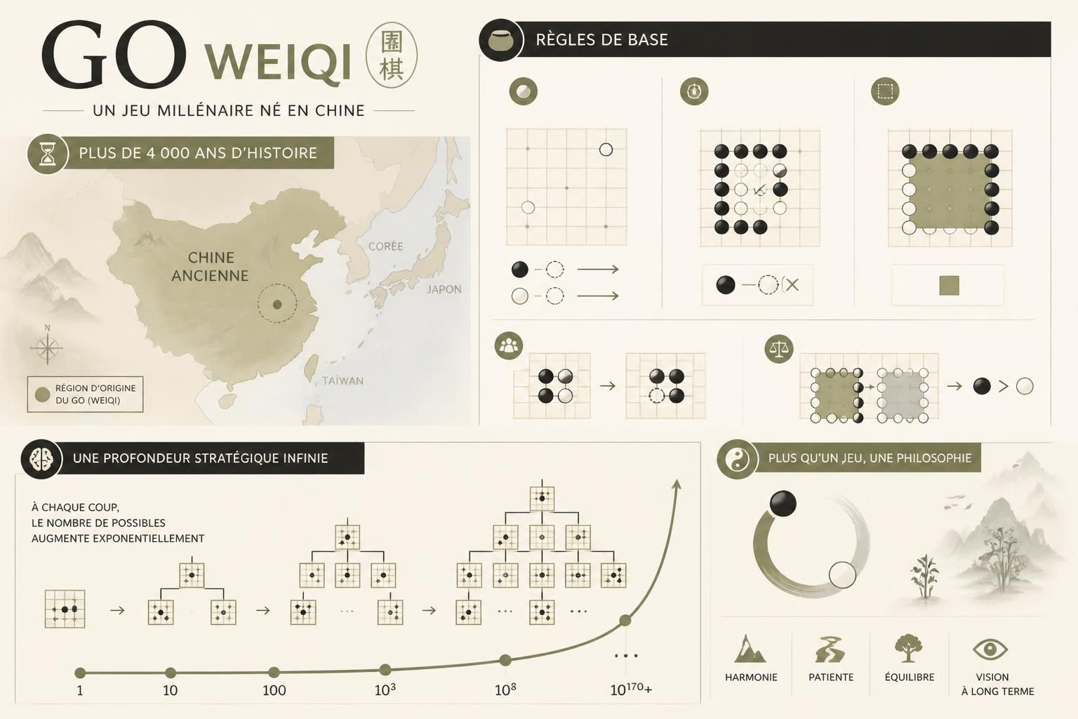 découvrez l'histoire millénaire du jeu de go (weiqi), né en chine il y a 4 000 ans, ses règles de base simples et sa richesse stratégique fascinante.