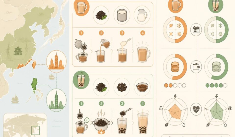découvrez les origines et les recettes authentiques du thé au lait hongkongais et du bubble tea, et comprenez pourquoi ces deux boissons populaires sont si différentes.