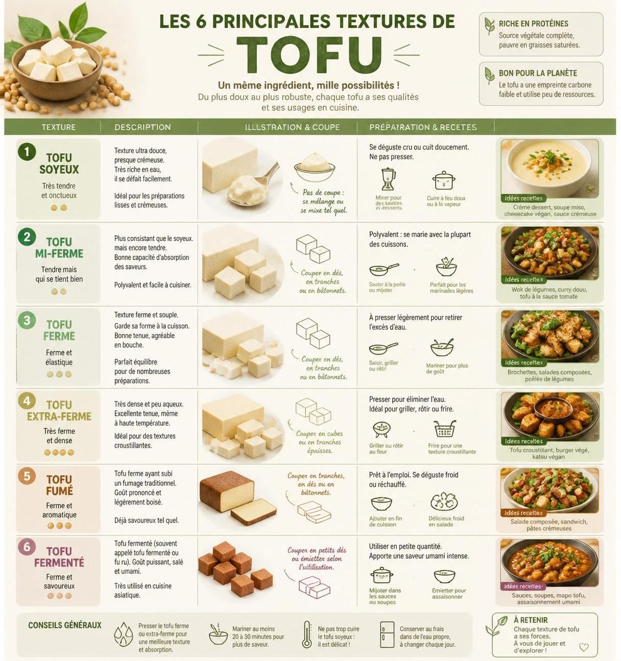 découvrez les 6 textures du tofu, du soyeux au fermenté en pot, et apprenez à les choisir et les cuisiner pour varier vos recettes avec créativité et saveur.