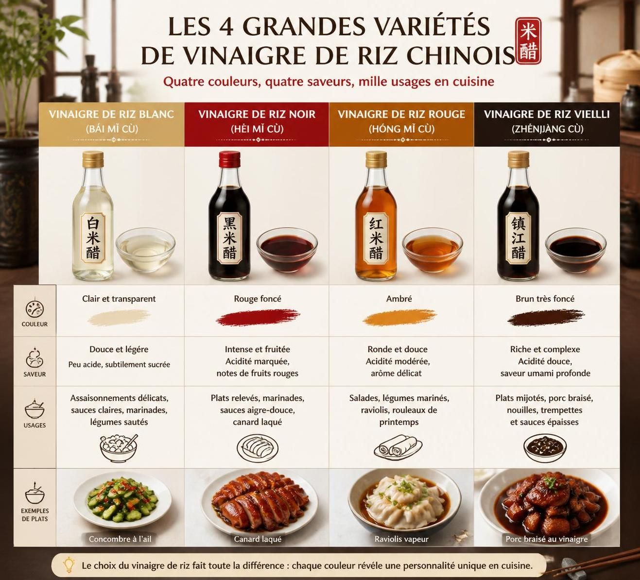 découvrez les quatre grandes variétés de vinaigre de riz chinois et apprenez comment les utiliser parfaitement pour sublimer vos plats traditionnels.
