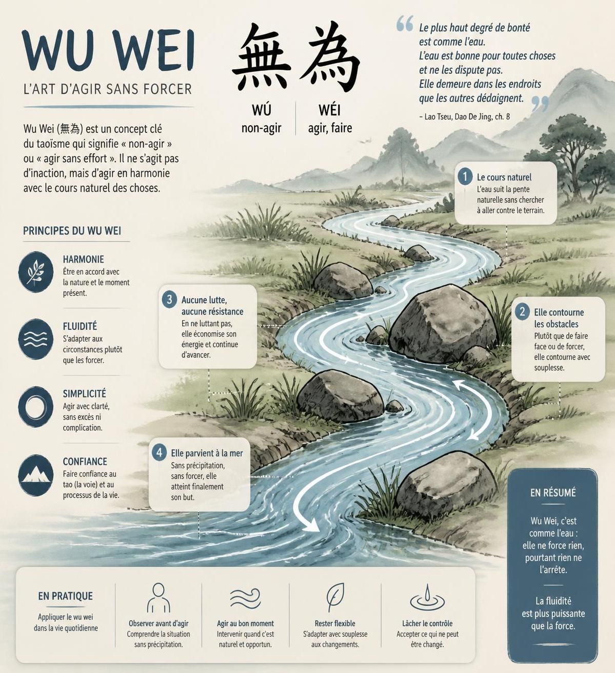 découvrez le wu wei, principe taoïste de l'art de ne pas forcer, et apprenez comment l'appliquer harmonieusement au travail et dans vos relations pour un équilibre naturel et efficace.
