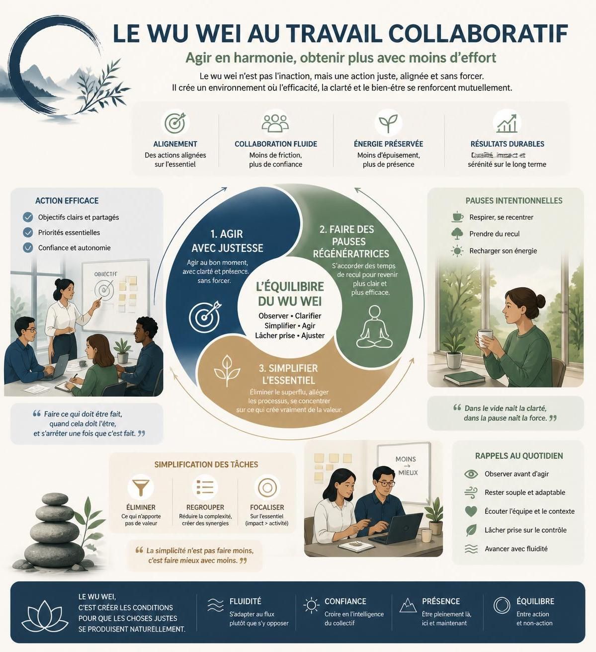 découvrez le wu wei, l'art taoïste de l'inaction volontaire, et apprenez comment appliquer ce principe pour améliorer votre travail et vos relations en cultivant la fluidité et l'harmonie.