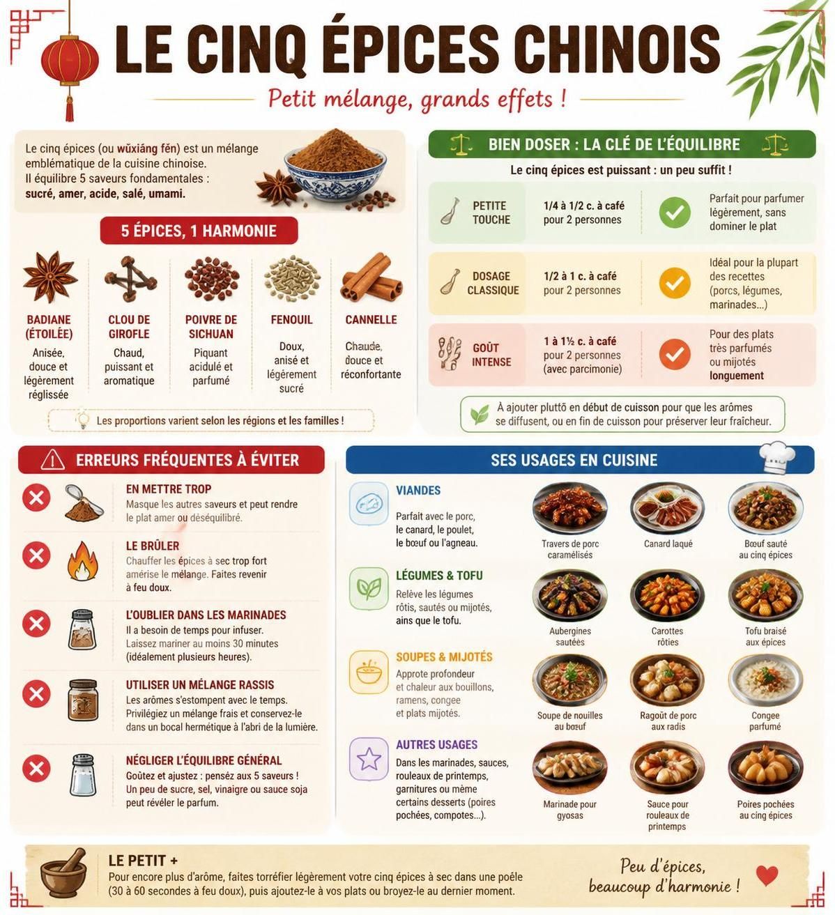 découvrez les cinq épices chinoises : leur composition unique, comment les doser parfaitement et les plats où elles subliment les saveurs pour une cuisine authentique et savoureuse.