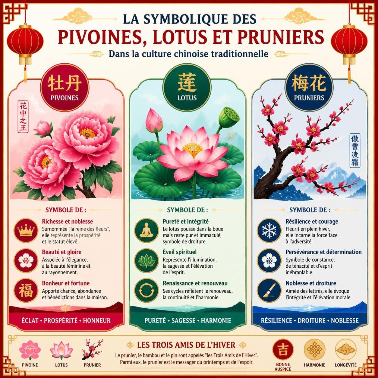 découvrez les fleurs emblématiques de chine - pivoine, prunier et lotus - et leur symbolique profonde ainsi que leur usage dans la vie quotidienne chinoise.