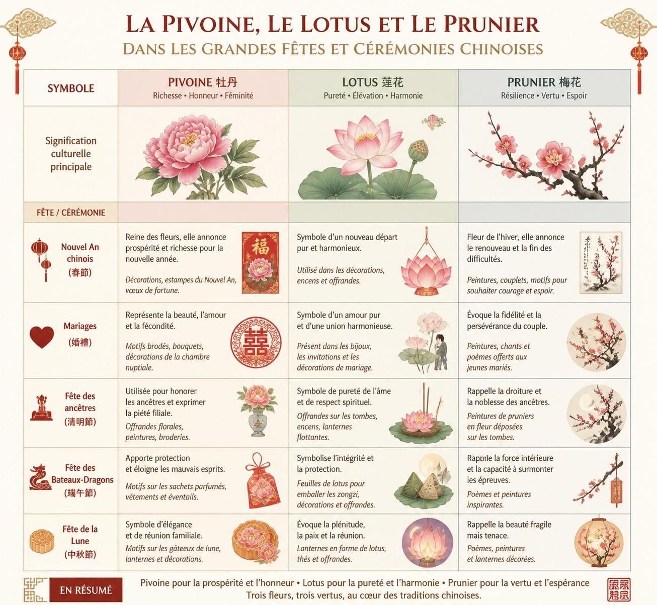 découvrez les fleurs emblématiques de chine comme la pivoine, le prunier et le lotus, leur symbolique profonde et leur utilisation dans la vie quotidienne chinoise.