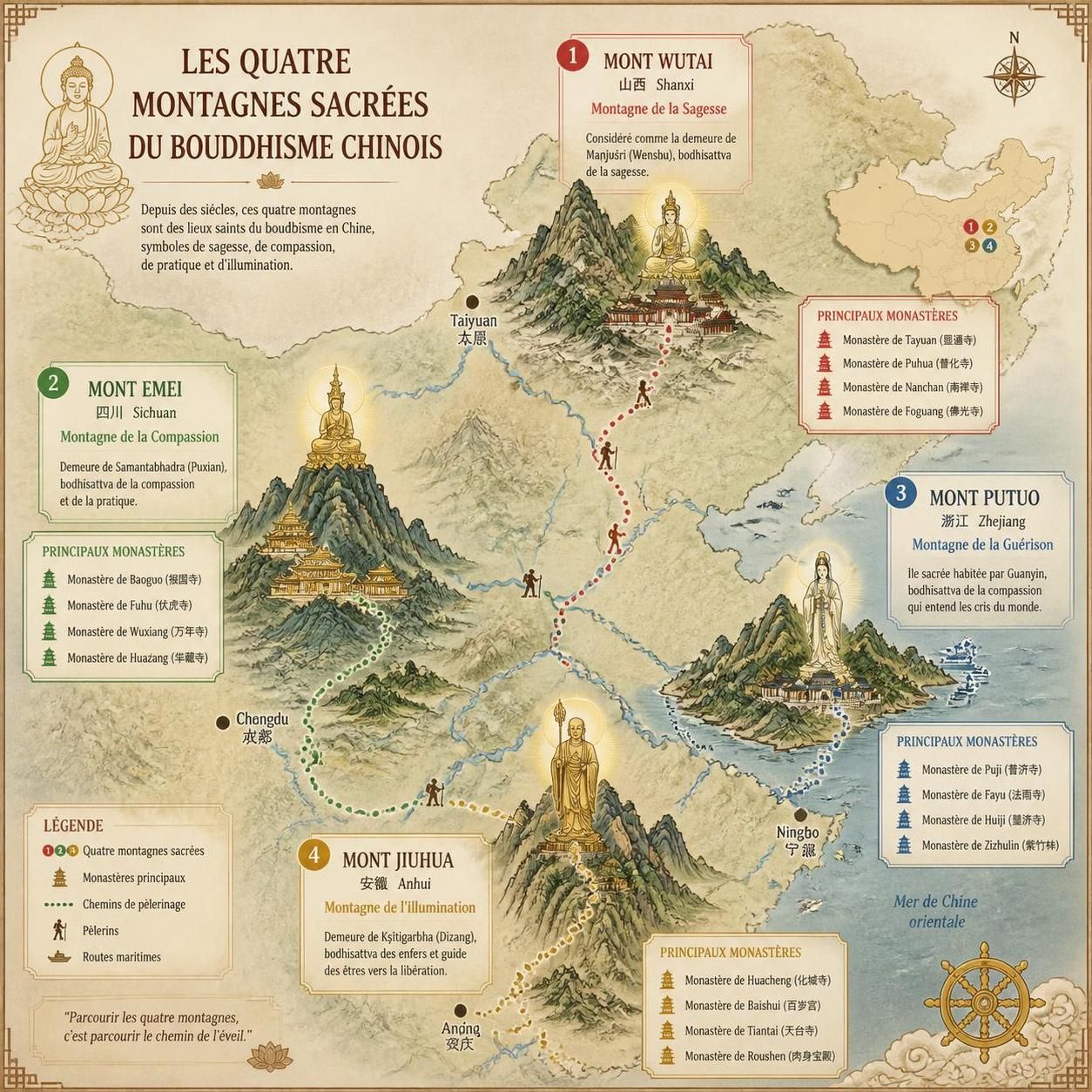 découvrez les quatre montagnes sacrées du bouddhisme chinois : wutai, emei, jiuhua et putuo, des lieux spirituels riches en histoire, culture et paysages magnifiques.