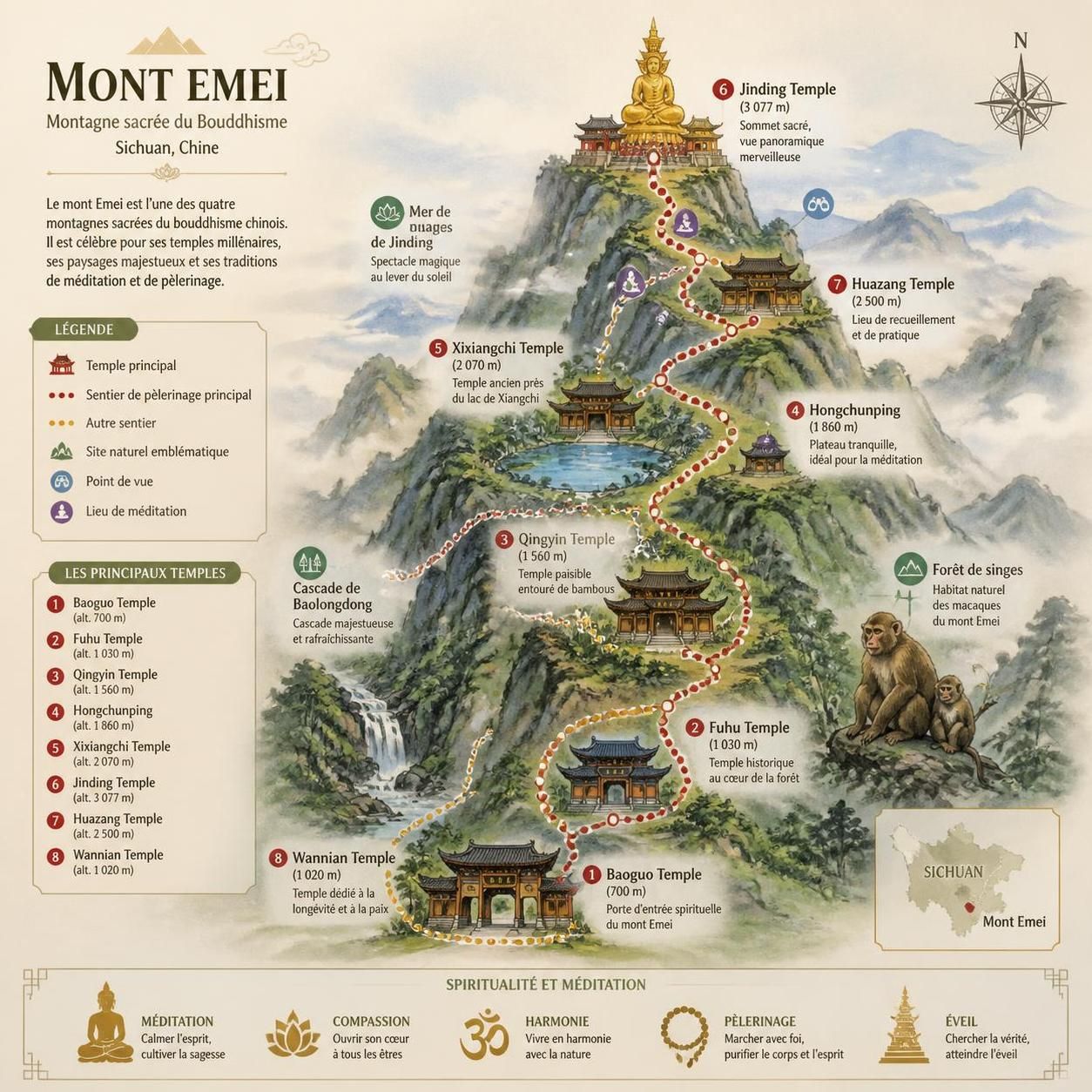 découvrez les quatre montagnes sacrées du bouddhisme chinois — wutai, emei, jiuhua et putuo — lieux de pèlerinage incontournables et richesses spirituelles millénaires.