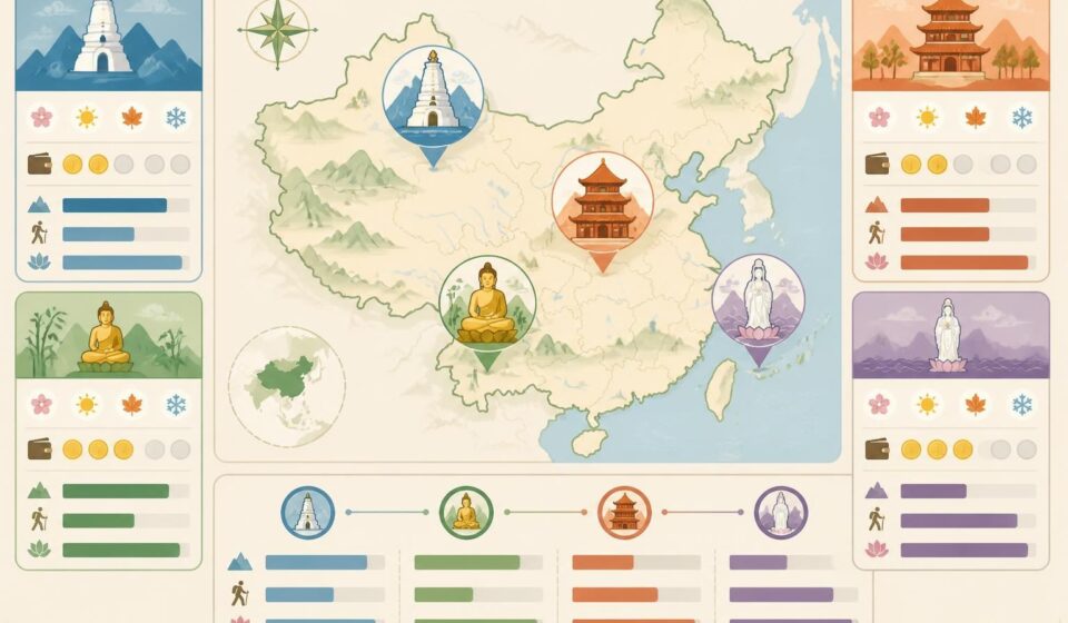 découvrez les quatre montagnes sacrées du bouddhisme chinois : wutai, emei, jiuhua et putuo, lieux emblématiques de spiritualité, de pèlerinage et de culture.