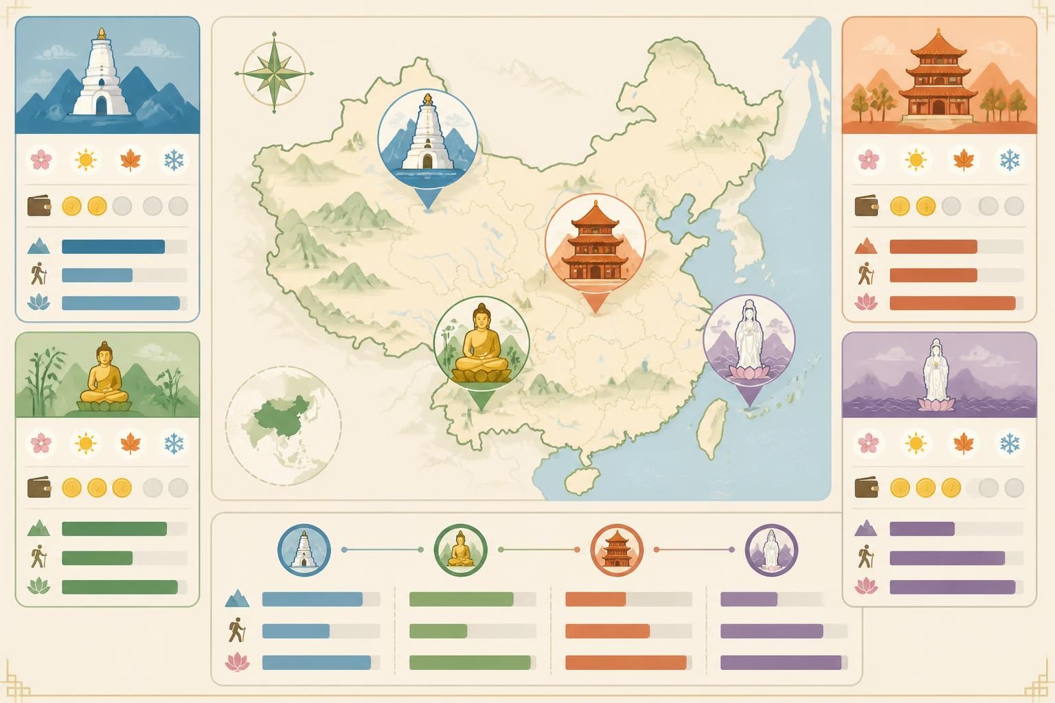 découvrez les quatre montagnes sacrées du bouddhisme chinois : wutai, emei, jiuhua et putuo, lieux emblématiques de spiritualité, de pèlerinage et de culture.