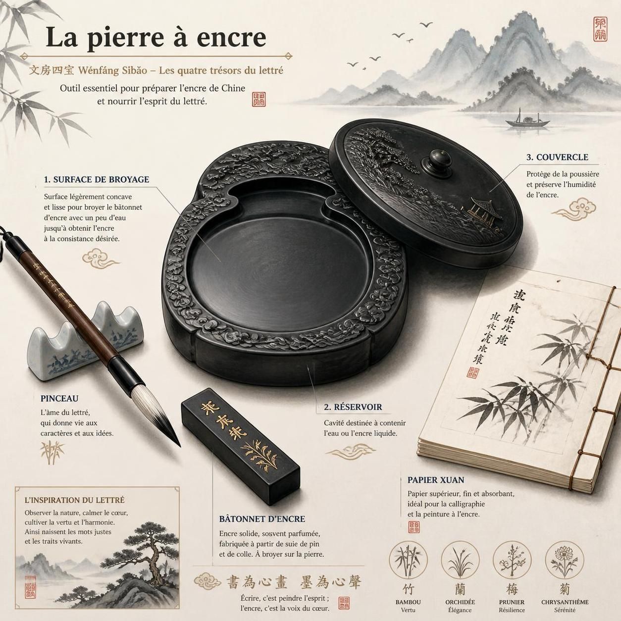 découvrez l'importance des quatre trésors du lettré – pinceau, encre, pierre à encre et papier – et leur rôle essentiel dans l'histoire et la culture de la civilisation traditionnelle.