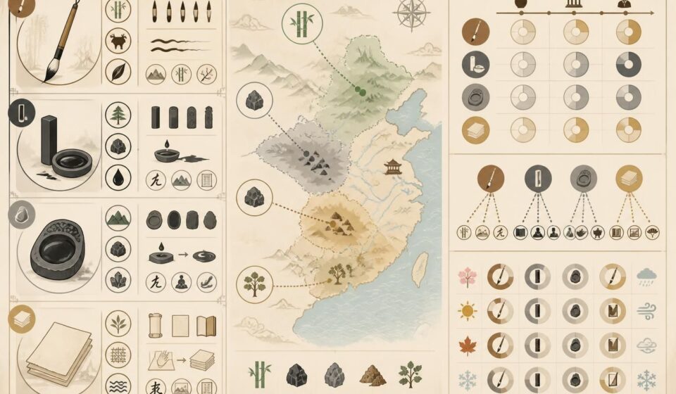 découvrez les quatre trésors du lettré — pinceau, encre, pierre à encre et papier — et leur rôle essentiel dans la transmission de la culture et de la civilisation.