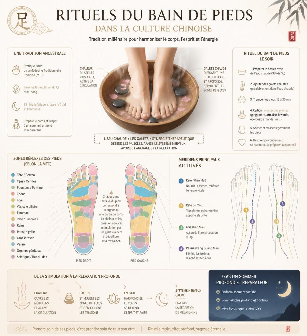 découvrez les bienfaits des routines du soir à la chinoise, incluant le bain de pieds relaxant, le thé aux dattes rouges revitalisant et le coucher précoce pour un sommeil réparateur.